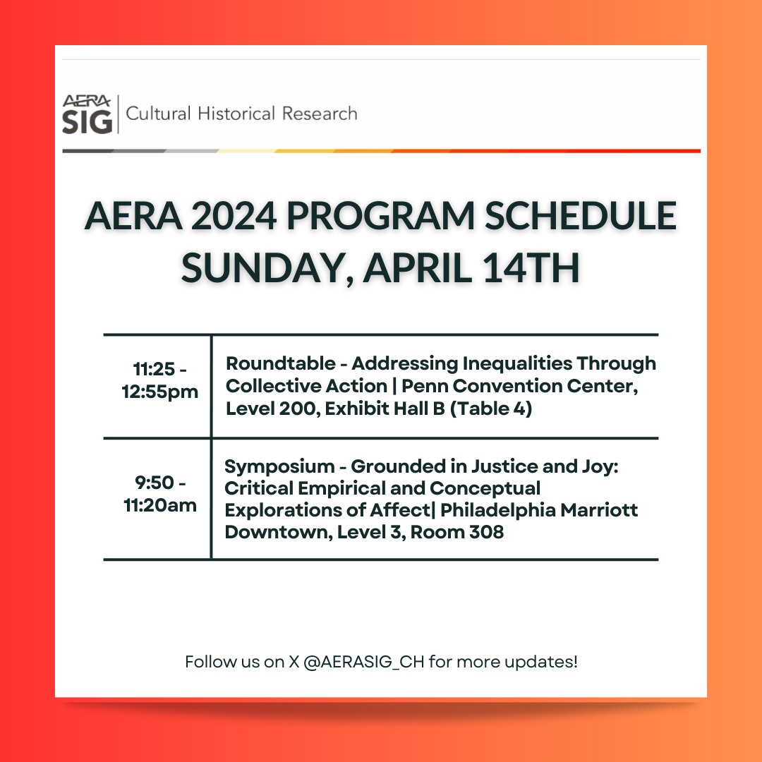 We are almost to the end of our #AERA2024 program! Join us for our final symposium session (at 9:50am) and roundtable (at 11:25am)!