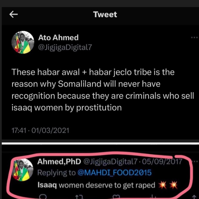 eritrean_post's tweet image. 1. Ethiopia gov activists Ahmed @somethiopian who claims to be a Somali-Issa from #Galbeed #Ethiopia has called 4 rape against #SomaliIssa women. Ahmed also incited against somalilanders &amp;amp; claimed that Somaliland gov is behind sex trafficking