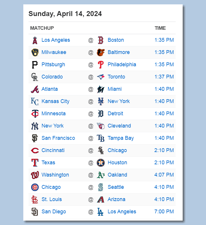 Here's the #MLB schedule for Sunday, April 14th - PLAY BALL!!!