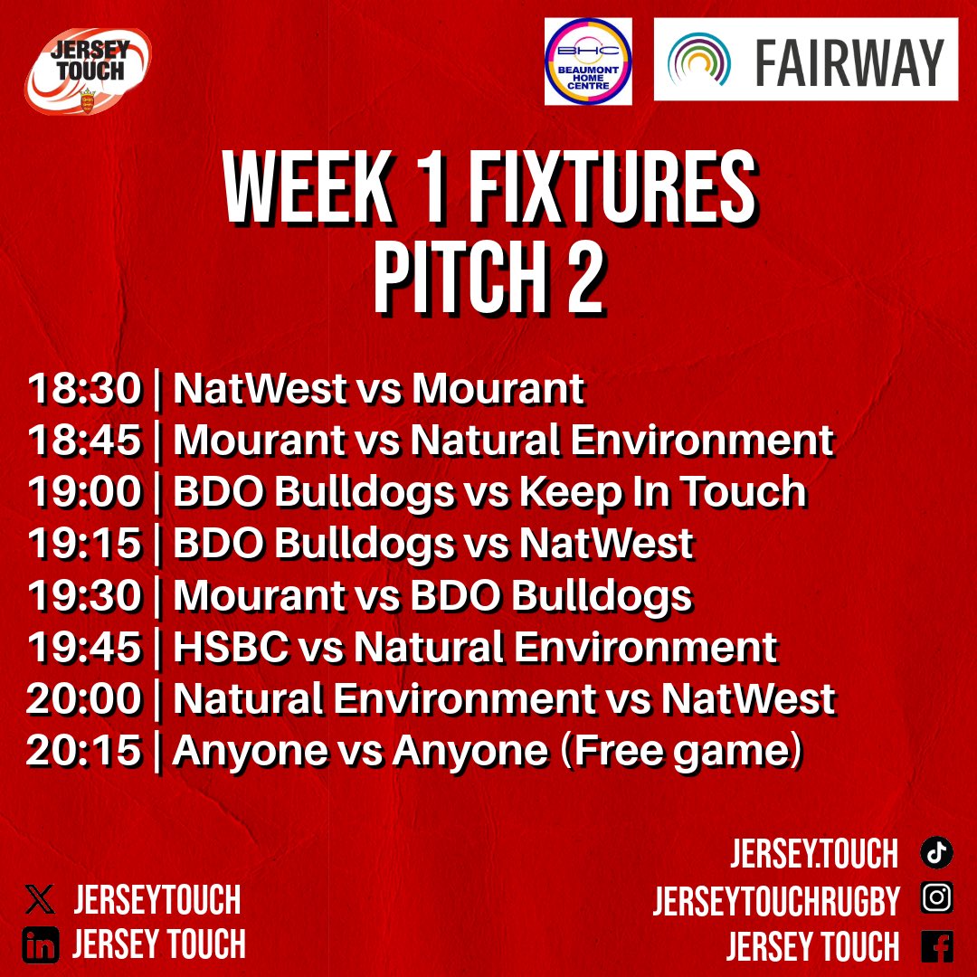 SUMMER LEAGUE IS HERE! ☀️🏉

Swipe to see Group A seeding fixtures! 

See you tomorrow! ☀️😎 🏉

Big thanks to Beaumont Home Centre and Fairway Group for their continued support to help make this happen!

#mixedtouchrugby #touchrugby #jerseytouch #summerleague #jta
