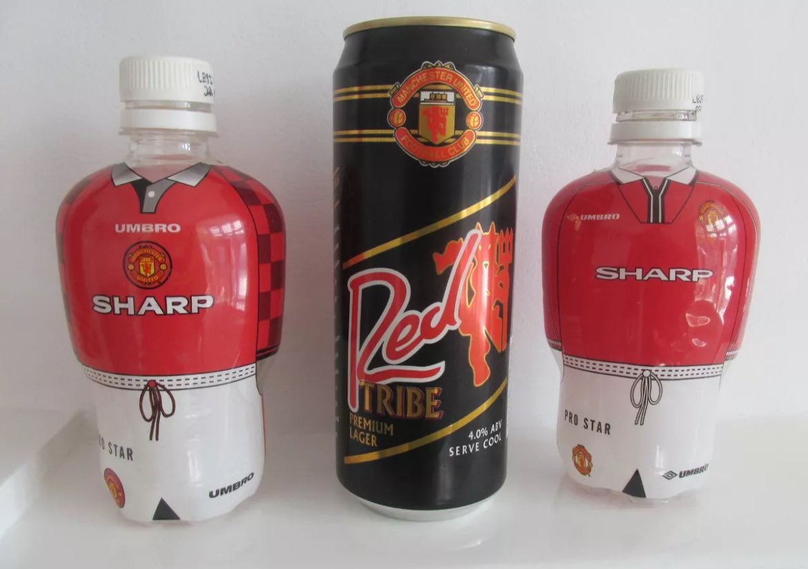 Manchester United 90’s Bottle and Beer Can. #ManUnited #MANCHESTER #MUFC