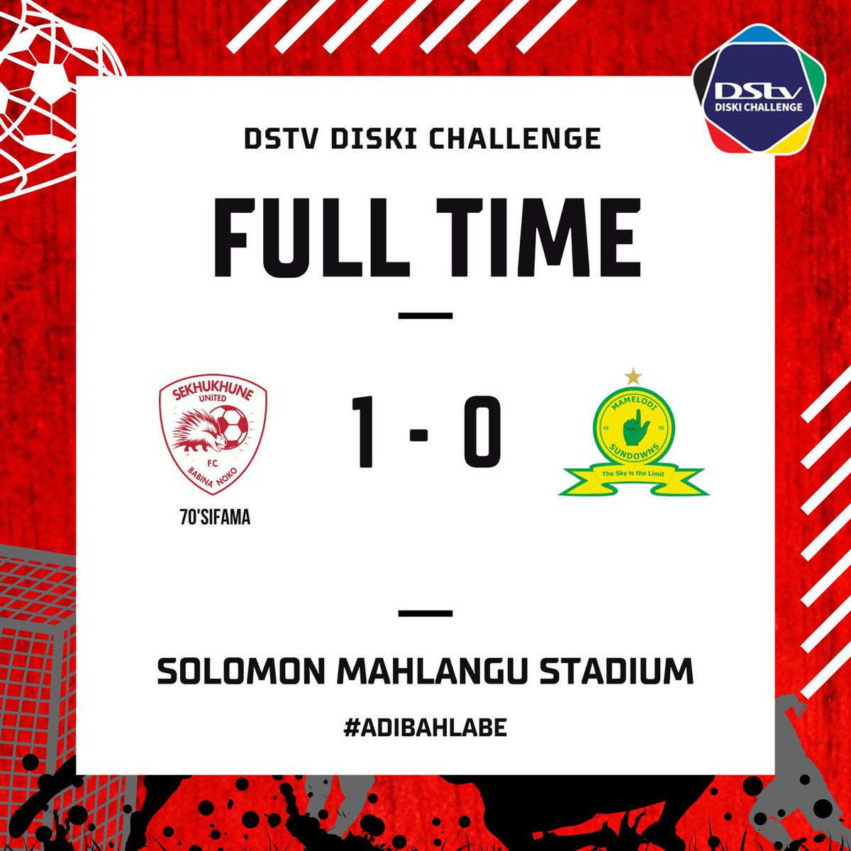 FULL TIME...‼️

⏰9⃣0⃣+3⃣

Well done Lads👏👏👏

 Sekhukhune United FC 1⃣-0⃣ @Masandawana

🦔🦔🦔

#Adibahlabe #DstvDiskiChallenge #Asidlali #GcwalaNgeNewGeneration