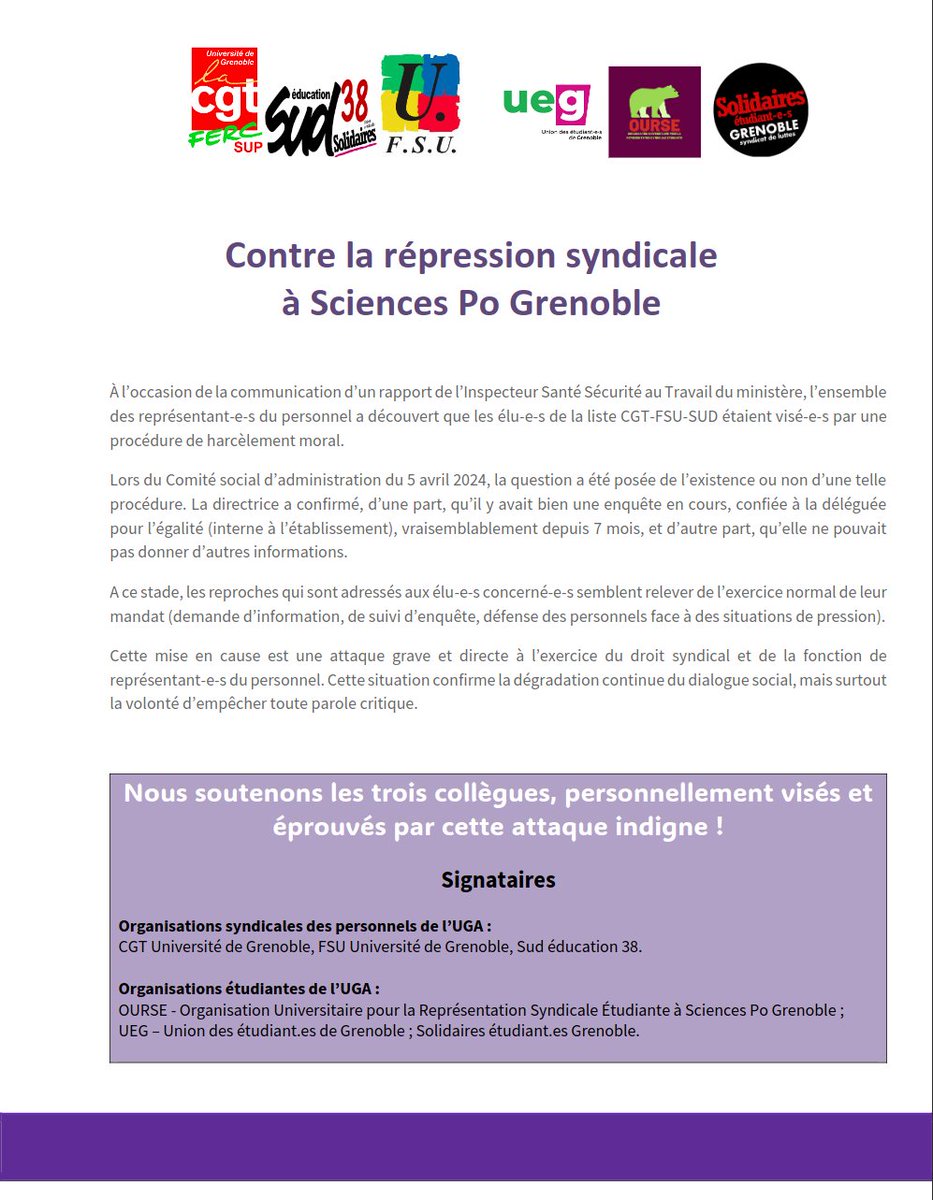 📢🚩Communiqué des syndicats de l'UGA sur la répresssion syndicale inacceptable des représentants du personnel !

⤵️⤵️⤵️