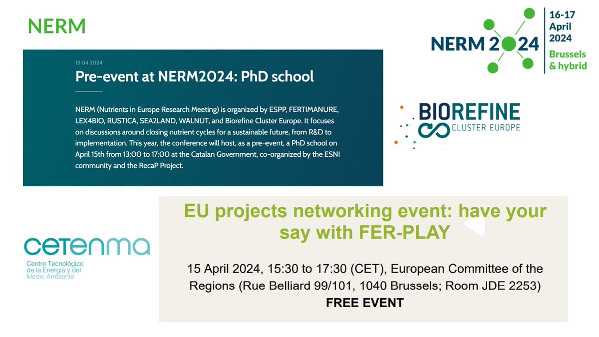 #NERM is starting tomorrow but many interesting things are happening today too🌱 Check out the two NERM pre-events for PhD students and young researchers: PhD school by @Bioref_Cluster 👉 lnkd.in/g6-S7gyp EU projects networking event by @CETENMA 👉 lnkd.in/ema37GQG