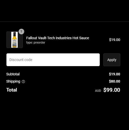 FurySevenSix's tweet photo. From pure rapture to crushing sadness in under a minute. 

OMG, the @ConeyIslSaucery #Fallout #VaultTech Industries Hot Sauce will ship to Australia!! 😍

OMG, the international shipping costs...😭💸

I bet this stuff is amazing, but I just can't justify $80 AUD in shipping 😭 https://t.co/Iq0l5zx5BX