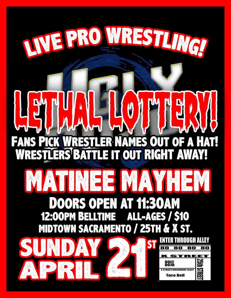 Came up a little short against Alex Ace and Luster The Legend for @twfwrestling , but now it’s on to my next giant challenge: LETHAL LOTTERY presented by @UglyDojo Sunday, April 21st Midtown Sacramento with an 11:30AM door time! Over by 2:30PM