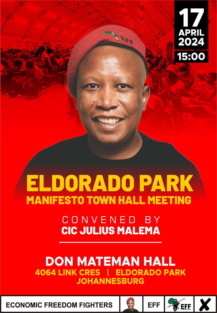 ♦️Do Not Miss It♦️ CIC @Julius_S_Malema will address the Eldorado Park Manifesto Town Hall Meeting on the 17th of April 2024. The emphasis on STOP LOAD SHEDDING is due to the fact that despite many empty promises, the South African government has not brought forth a dependable…