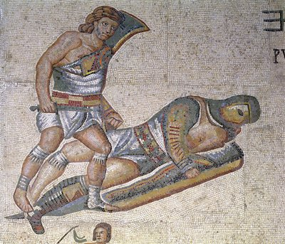 Detalle del mosaico de gladiadores presente en la Galería Borghese de Roma.