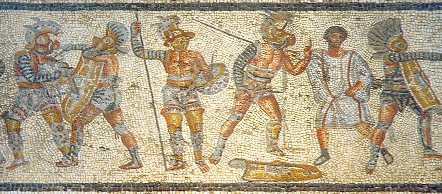 Detalle del mosaico de Zliten dedicado a una lucha entre gladiadores.