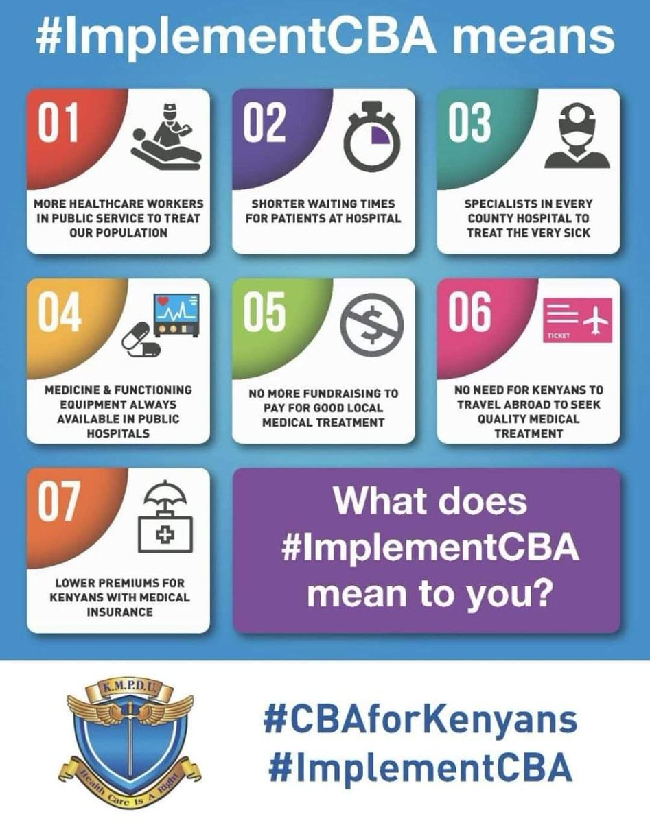 My dearest countryfolk,
Implementation of the CBA 2017 means better healthcare for all of us. Let us all unite in demanding for its full implementation otherwise we shall all perish together.
#DoctorsStrikeKE 
#SupportKenyanDoctors 
#PostDoctorInterns
#PayResidentDoctors