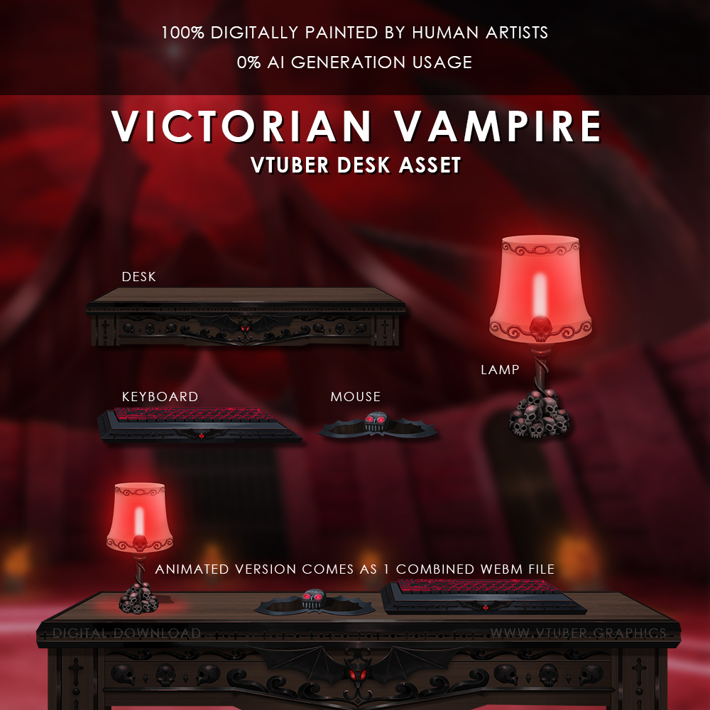vtuberpremades's tweet photo. Thanks to everyone's suggestions, the second premade asset we created is now available! A gothic and vampire inspired desk for your vtuber streams. 

Link in comments if you want to take a look at the animated version! 🩸

There's been a lot of awesome suggestions~ thank you! https://t.co/acNJfw0gd6