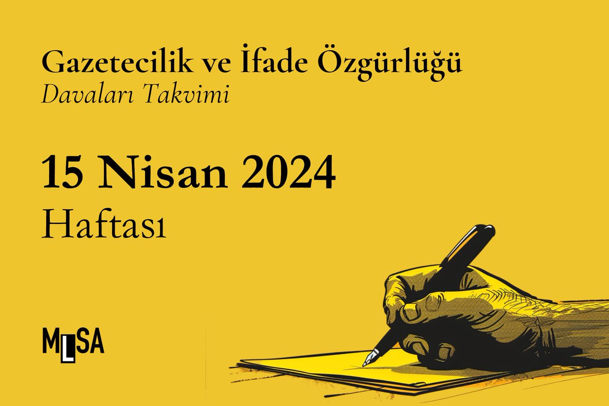 15 Nisan haftası gazetecilik ve ifade özgürlüğü davaları takvimi Bu hafta görülecek davalar arasında savunmanlığını MLSA’nın üstlendiği @haykobagdat, Mehmet Kılıç, @azizoruc’un yanı sıra gazeteciler @candundaradasi ve @brnslagca’nın da davaları bulunuyor. Takvim için ⬇️…