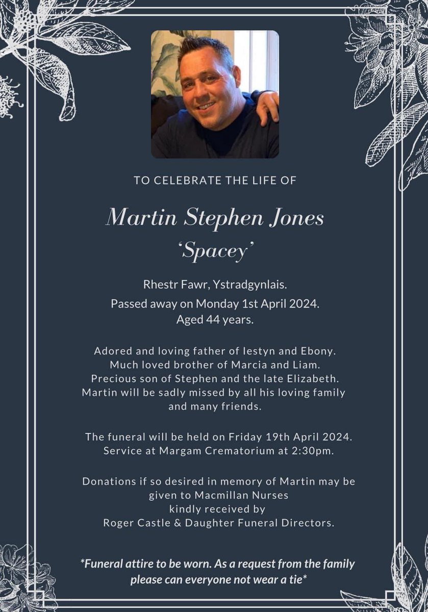 It is with great privilege that we have been asked to share the funeral arrangements of former tight head and player of the year Martin Jones Family and friends will be gathering at Ystradgynlais RFC after the Service to remember one of our communities best Rest in peace Spacey