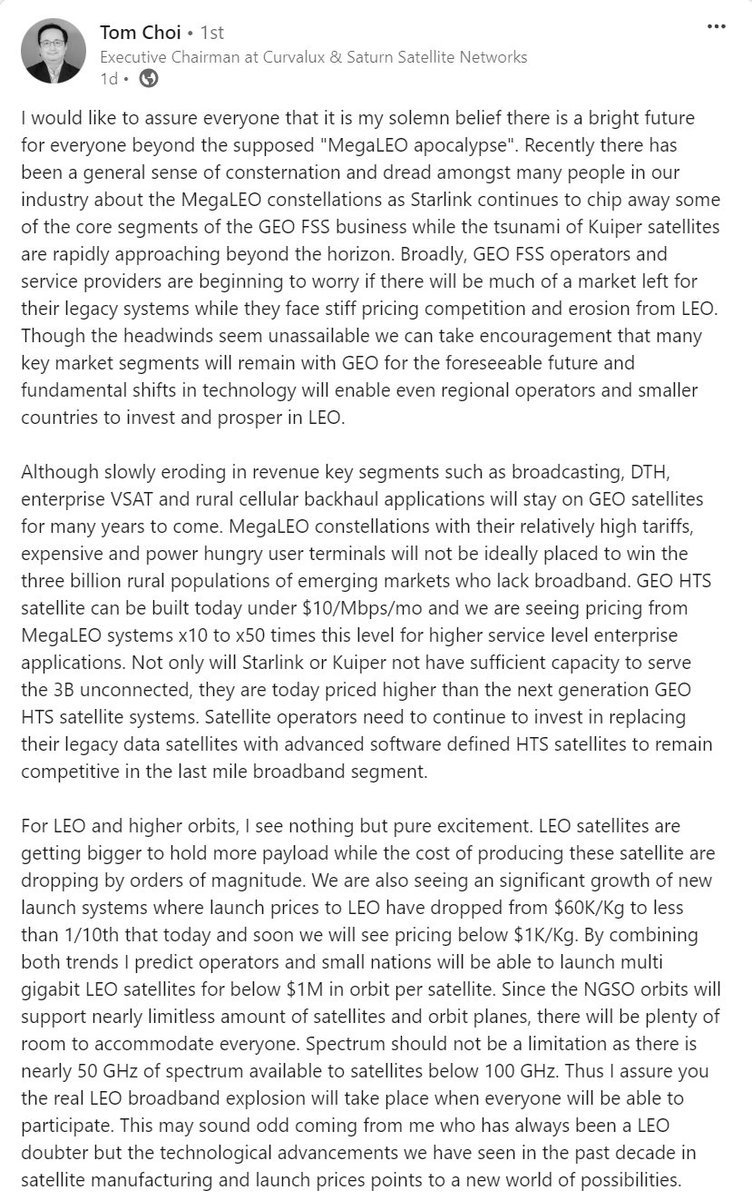 Some interesting admissions and projections by @curvalux's Tom Choi (linkedin.com/feed/update/ur…) who referrred to himself as 'the most vocal opponent of OneWeb' (and other LEOs) now saying 'the real LEO broadband explosion will take place when everyone will be able to participate'.