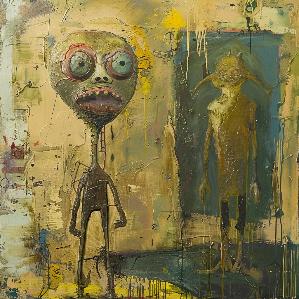 808Drift's tweet photo. 🎨Prompt share

[subject matter], oil on canvas in the style of mixed media assemblage, expressive character design, asymmetrical forms, found objects, juxtaposed figures, bizarre tableau https://t.co/UngaL1KS06