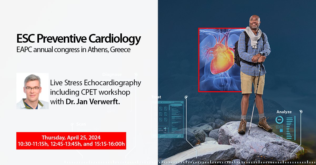 Participate in three live stress echocardiography including CPET workshops led by Dr. Jan Verwerft from Jessa Hospital in Hasselt, Belgium, on Thursday, April 25th, during the breaks at the #ESCPrev2024 in Greece. Check out the scientific program here: bit.ly/3JhPRe5