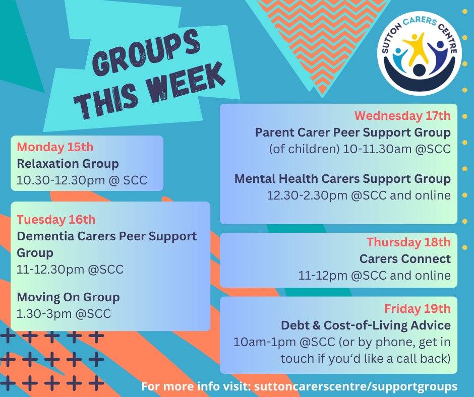 There's lots going on this week😃 Some groups only run monthly, so if you can make it, we'd love to see you 😊 If you need more details or the Zoom link for online sessions, get in touch by email or call us 📲 You can also check all groups and dates on our website.