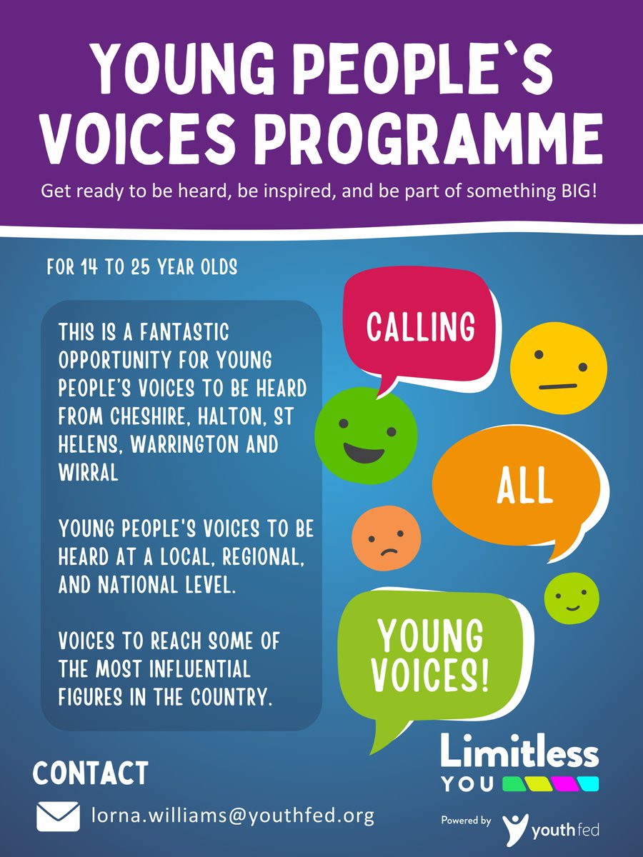 Introducing the Young People’s Voices Programme! 📣😄 This is a fantastic opportunity for young people aged 14 to 25 to be heard from Cheshire, Halton, St Helens, Warrington, and Wirral. Learn more here: youthfed.org.uk/young-peoples-…