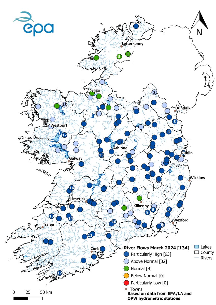 The EPA hydrology bulletin for March shows that river flows were above the long-term average in almost all locations except the northwest. Over 80% of lake and turlough monitoring stations observed water levels above the long-term normal range. Learn more: bit.ly/3JeAovc