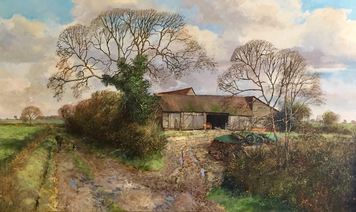 Good Day! Suffolk Landscape with Farm Buildings by Clive Madgwick 1993 Acrylic on Canvas (Private Collection)