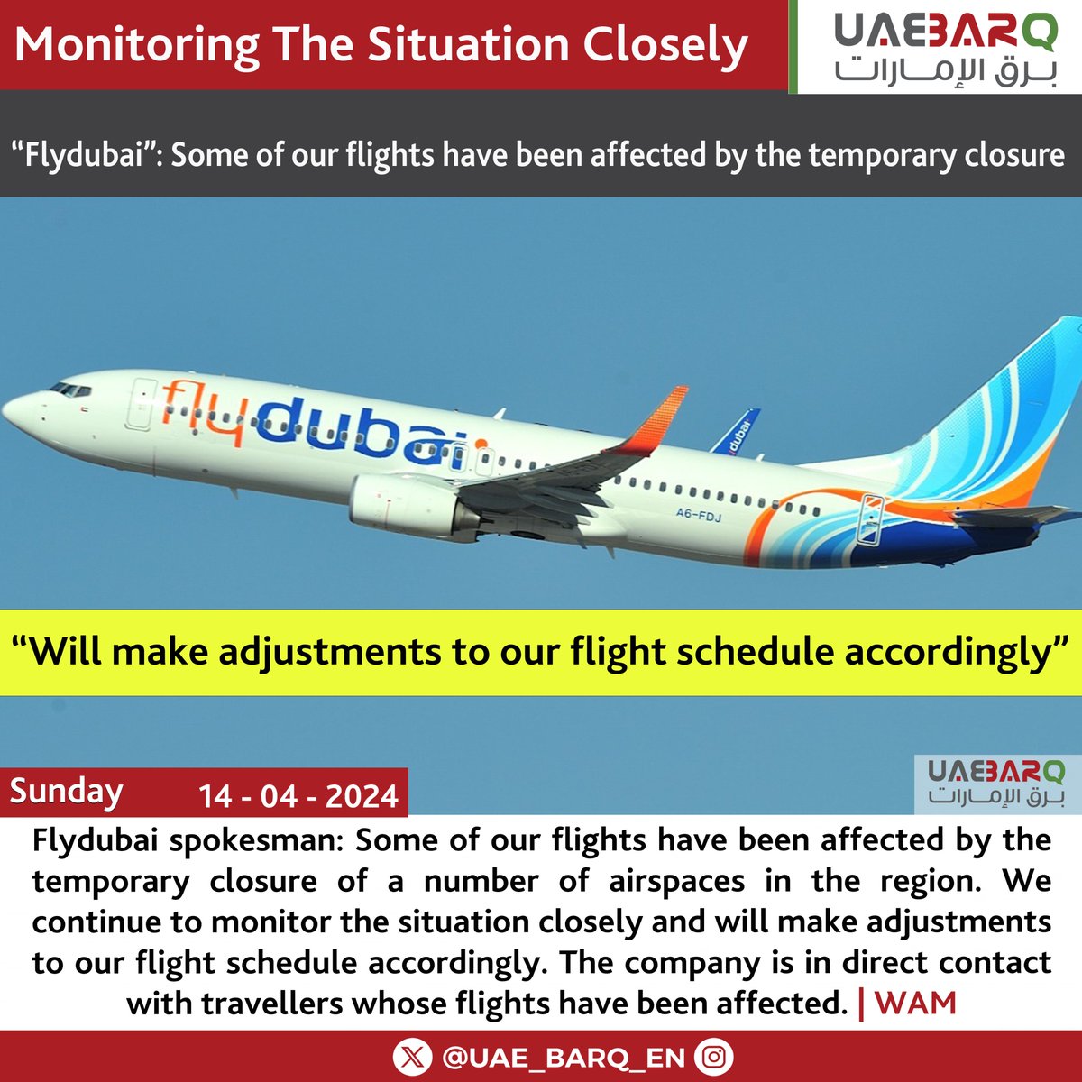 UAE_BARQ_EN's tweet photo. #Flydubai spokesman: Some of our flights have been affected by the temporary closure of a number of #airspaces in the region. 

#UAE_BARQ_EN https://t.co/z7Q8FB303Z