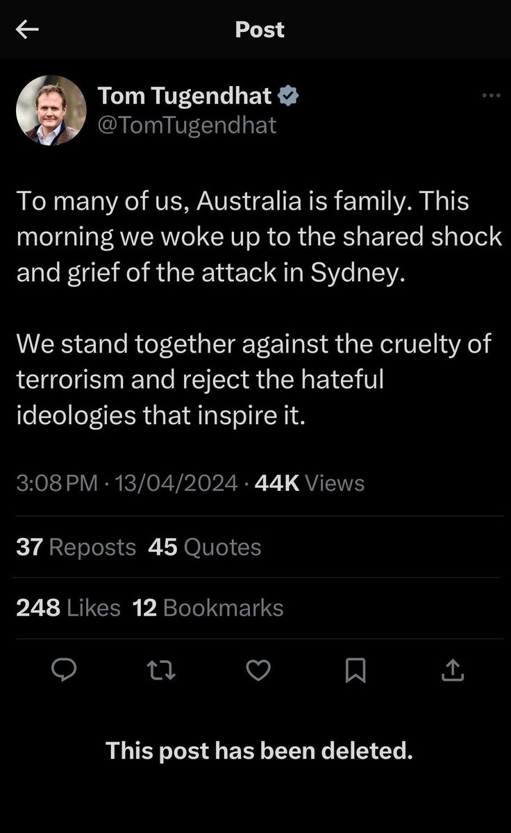 I fully expected to see the usual suspects like Rachel Riley, Julia Hartley-Brewer, and Tommy Robinson use the tragic events in Sydney to ignite hatred against Muslims… but Tom Tugendhat… maybe I wasn’t looking closely enough! Absolutely disgraceful. Has he resigned yet?