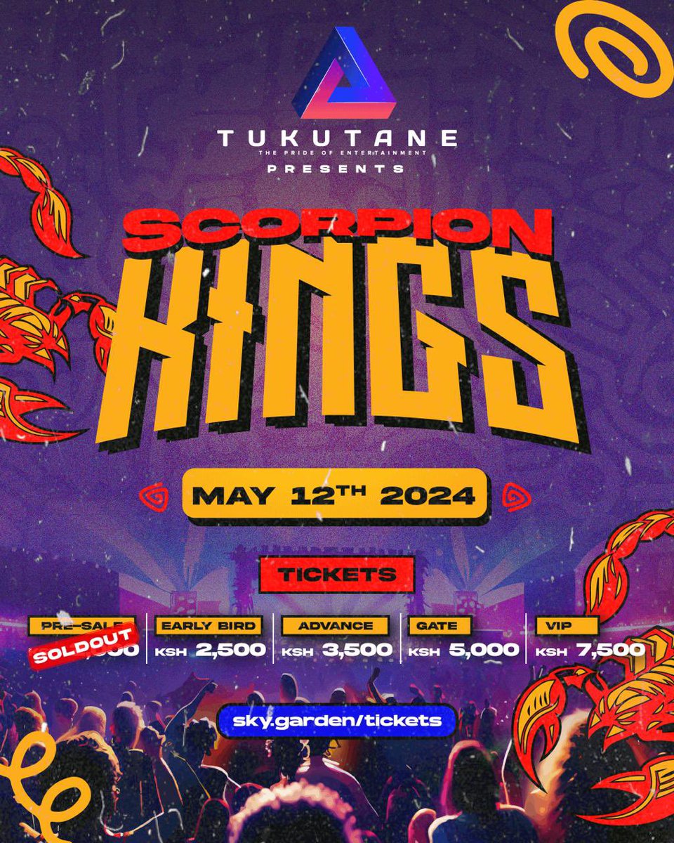 🎉 SOLD OUT! Scorpion Kings Pre-Sale Tickets: Gone in a Flash! 🦂 

Don't miss out on the Limited Early Bird @2500/= now available through the link in our Bio - While stocks last - 🤞🏾💙.

#ScorpionKings #SoldOut #tukutane  #LiveMusicExperience #ExcitementOverload