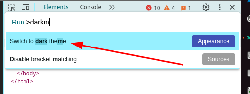 mkraenz's tweet photo. Dark theme in Chrome developer tools 🖤💜 #webdev 
Open dev tools, hit Ctrl + Shift + P, then type 'dark theme' https://t.co/6vsu1EhlRy