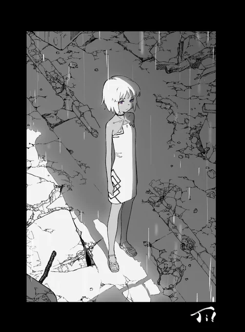 雨に濡れる少女 