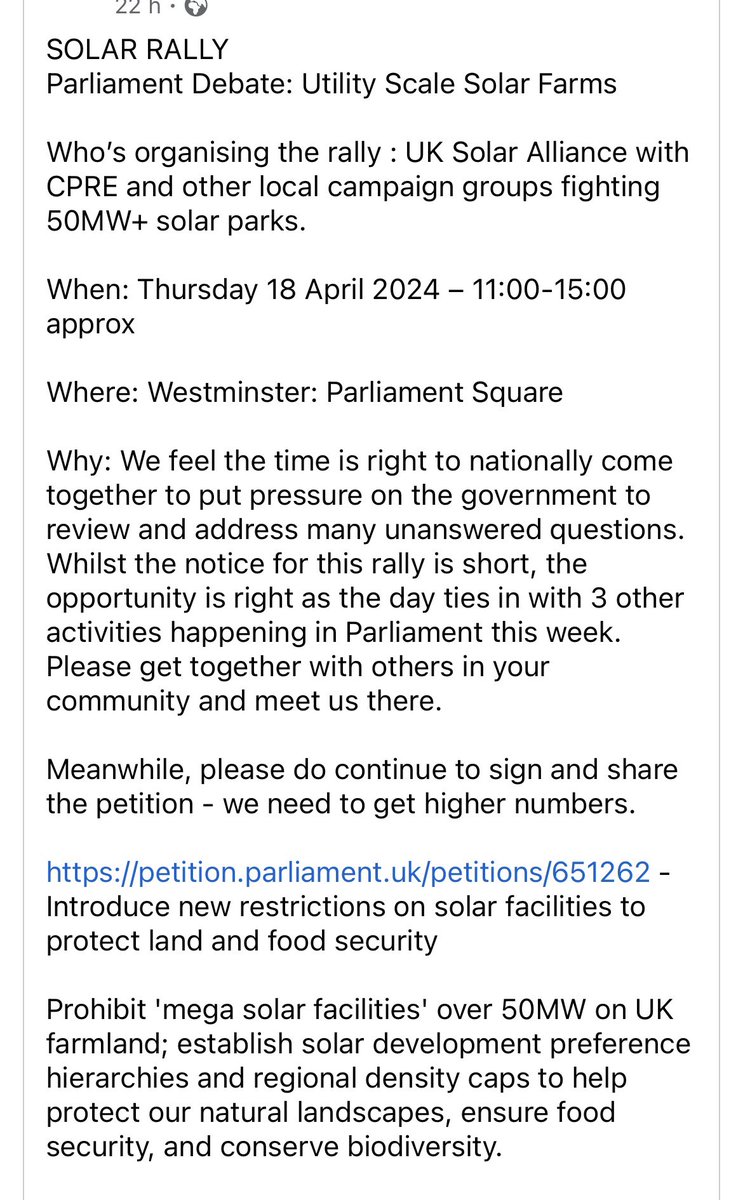 There is to be a rally in Parliament Square this Thursday together with a debate in Westminster Hall on large scale solar. Solar on farmland is out of hand. Get involved if you can. #uksolaralliance #rooftopsfirst @CPRE @NFUtweets @tenantfarmers @SaveBritishFood @NoFarmsNoFoods