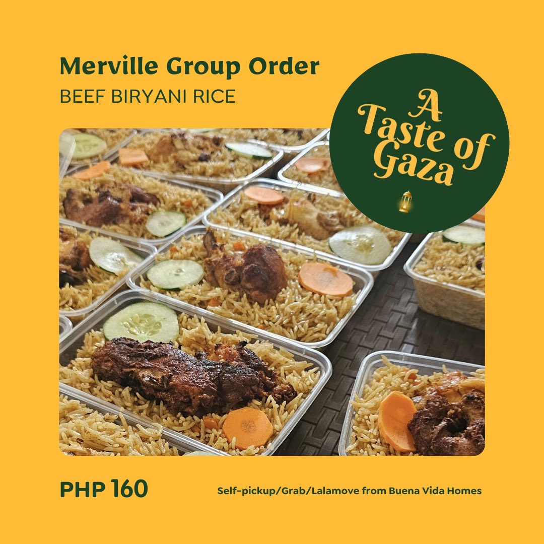 Hello! If you’re from Merville, Parañaque I’m hosting a group order for Beef Biryani from A Taste of Gaza, a small kitchen run by Palestinian refugees in QC. Orders are for Apr 18, 12nn! Just dm me to place an order 🧡