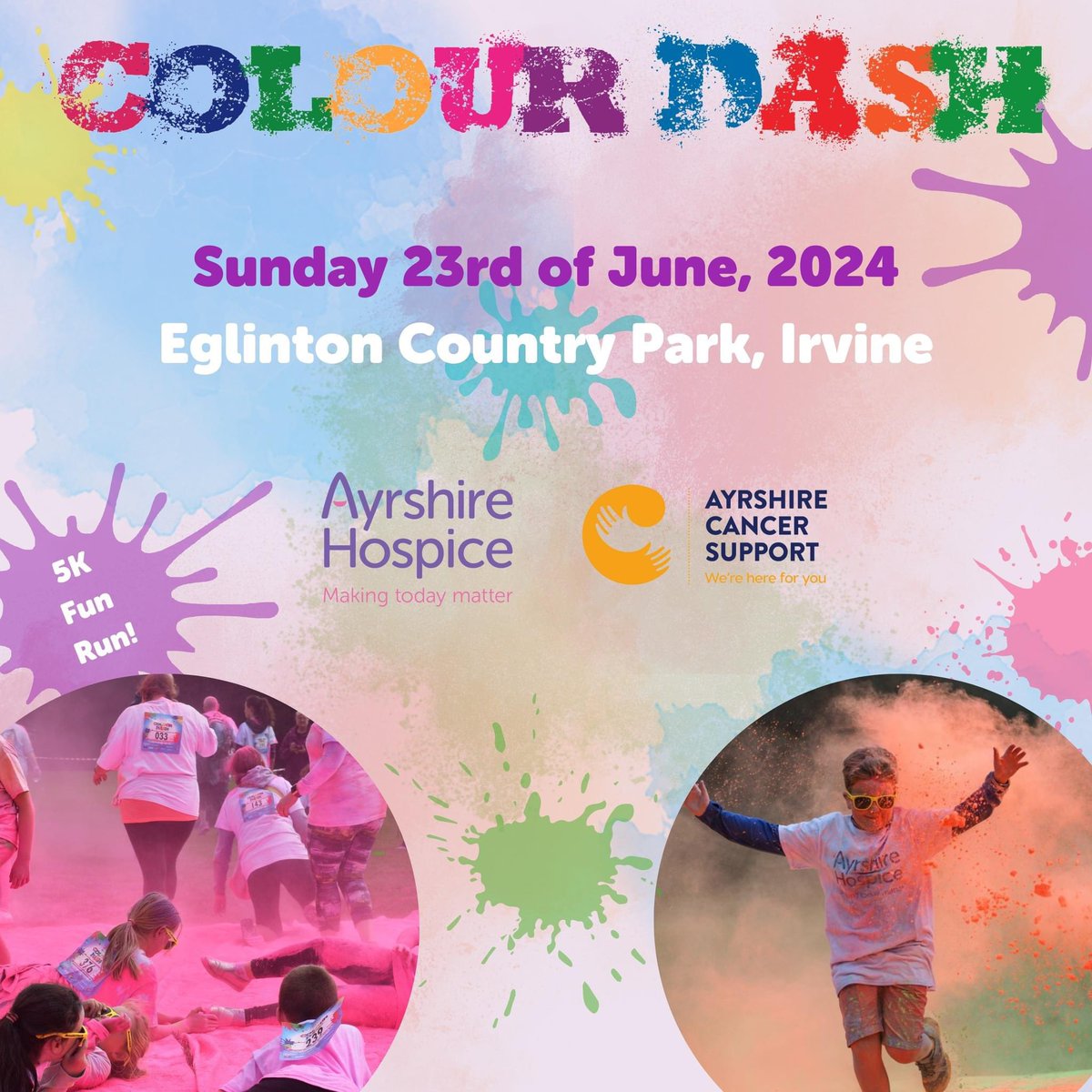 The Ayrshire Cancer Support and Ayrshire Hospice Colour Dash is back for 2024! 🌈 Walk, run or jog around Eglinton Country Park on Sunday the 23rd of June whilst raising vital funds for your chosen charity🧡💜🩷💚💛 REGISTER HERE👇🏼 ayrshirehospice.org/Event/colour-d…