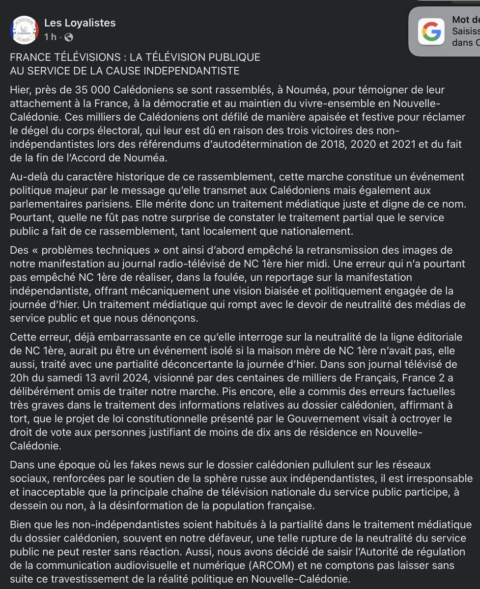 ericosx's tweet photo. NC 1ère qui confirme son ralliement total à la cause indépendantiste
"Ns avons décidé de saisir l’Autorité de régulation de la communication audiovisuelle et numérique (ARCOM) et ne comptons pas laisser sans suite ce travestissement de la réalité politique en Nouvelle-Calédonie." https://t.co/BxBsw33xM2