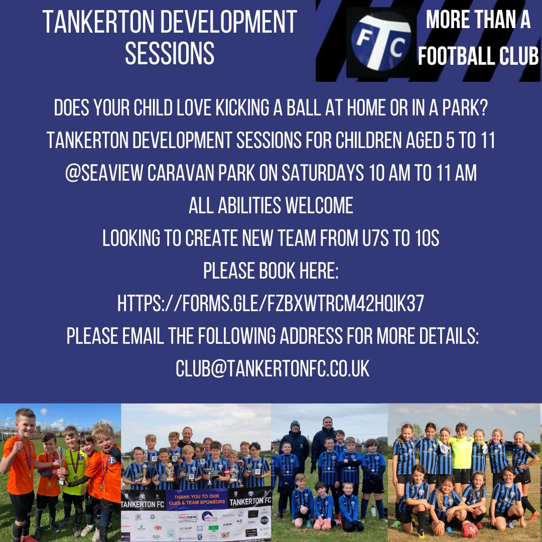 Tankerton development sessions for Children aged 5 to 11 <a href="/Seaview/">The Seaview</a> Caravan Park on Saturdays 10 am to 11 am
All abilities welcome
Looking to Create New Teams from u7s to 10s
Please Book Here:
forms.gle/FzBXWTrcm42Hqi…
Please Email:
Club@Tankertonfc.co.uk