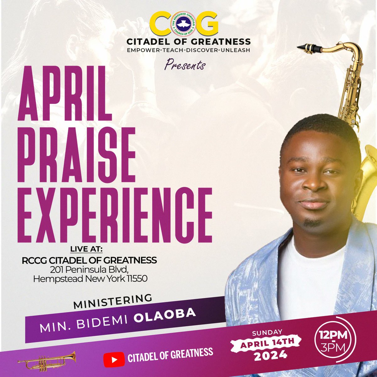 RCCGCOG's tweet photo. Join us today as Min. Bidemi Olaoba @bidemiolaoba leads us in an intense praise to God.

April Praise Experience 

#rccg #rccgcog #church #christian #beliver #bidemiolaoba #newpraise #praise #Hempstead #jesus #praise https://t.co/xCLrF1eXak