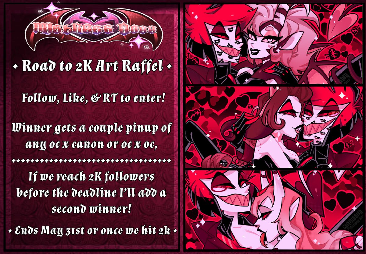 ⚜️Road to 2K Raffle .ᐟ⚜️ ❤️‍🔥Must be a follower .ᐟ ❤️‍🔥Like & Retweet this post .ᐟ ❤️‍🔥[Extra entry] Comment your Ref + other oc/canon Ref below .ᐟ [‼️NO Raffle/Private accounts‼️] ✨Ends May 31st .ᐟ✨ #artraffle #DigitalArtist #artist #oc #Ocxcanon #ocxoc #HazbinHotel #raffle