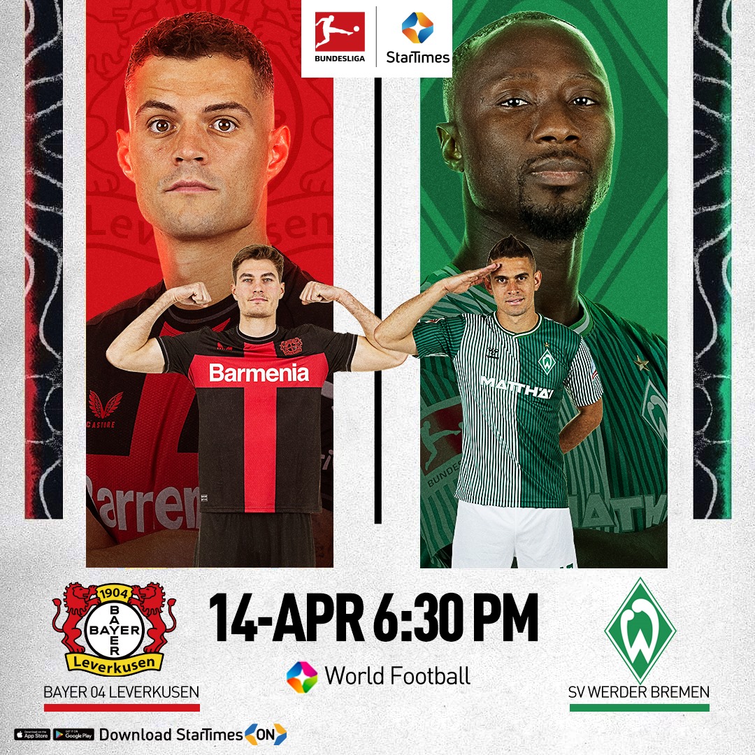 The unbeaten Bayer Leverkusen face Keïta's Werder Bremen today at 6:30PM. Can Bremen stop the flying Leverkusen? Catch the action live on World Football or via the #StarTimesON app app.adjust.com/bb3t9wk #BundesligaonStarTimes | #StarTimesSports | #StarTimesUg