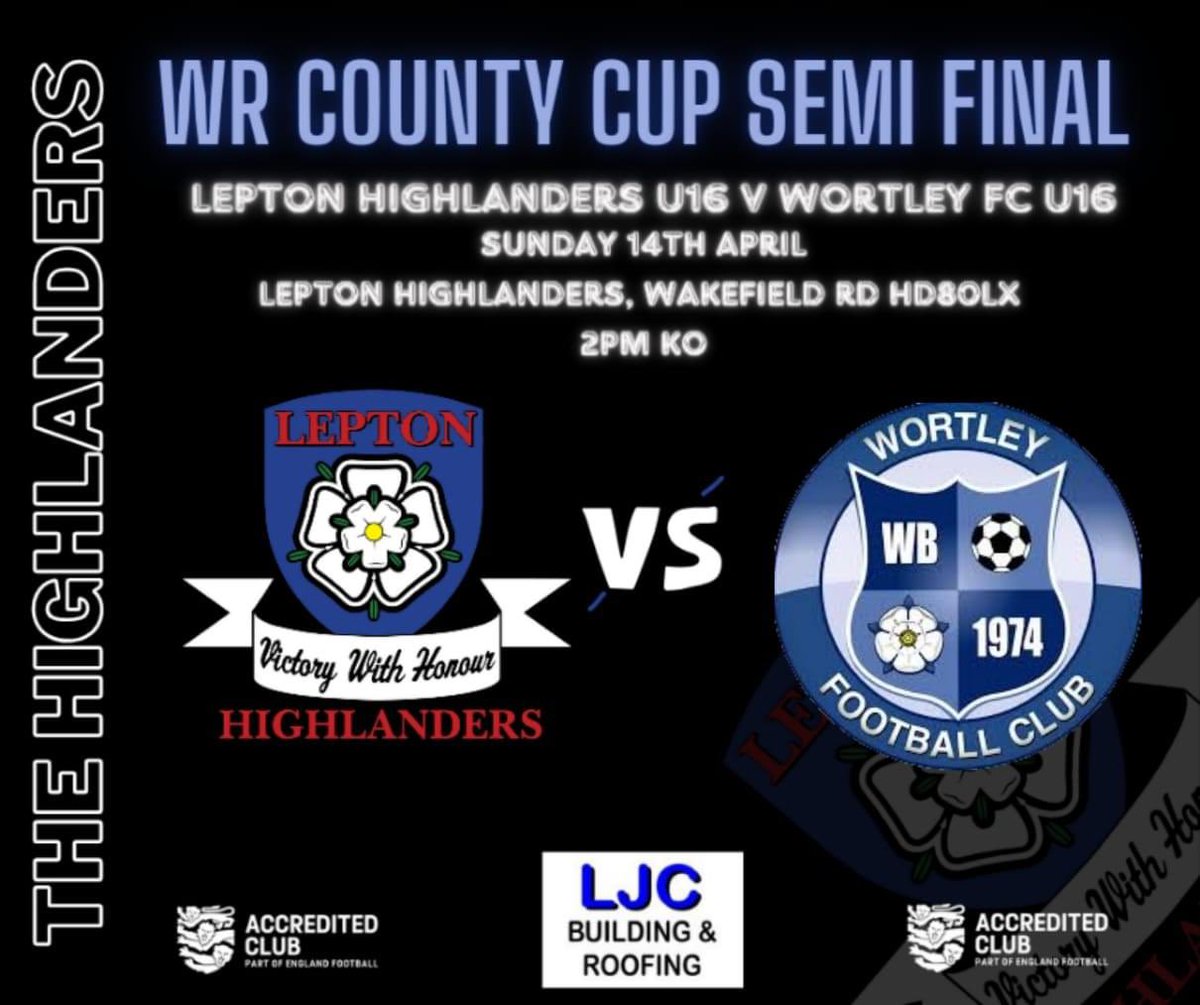 🏆 West Riding FA County Cup Semi Final
🆚 Wortley Football Club U16's
📅 Sunday 14th April
⏱️ 2pm KO
📍 Wakefield Rd HD8 0LX
Come support the U16’s up at the club today! 
#LTTG🔵⚪️