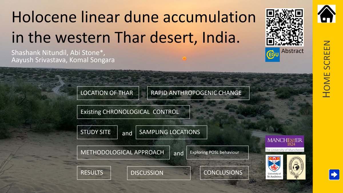 Also check out the excellent work of Shashank <a href="/GeographyUOM/">Manchester Geography</a>  during his MSc &amp; beyond, with <a href="/aayushgeo/">Aayush Srivastava</a> et al. looking at #dune accumulation in the far Wn Indian part of the #Thar desert PicoScreen3.7  #dunes #luminescence #POSL #EGU24 

rb.gy/des1x1