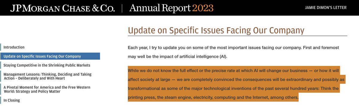 Jamie Dimon, CEO of JPMorgan Chase, compared #AI to inventions like the printing press, steam engine, and electricity in the company’s latest annual report, saying “the consequences will be extraordinary.” #ArtificialInteligence