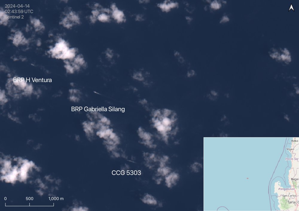 Satellite image shows China Coast Guard 5303 shadowing the Philippine survey ship BRP H Ventura and BRP Gabriella Silang in the Philippines' EEZ in the South China Sea.