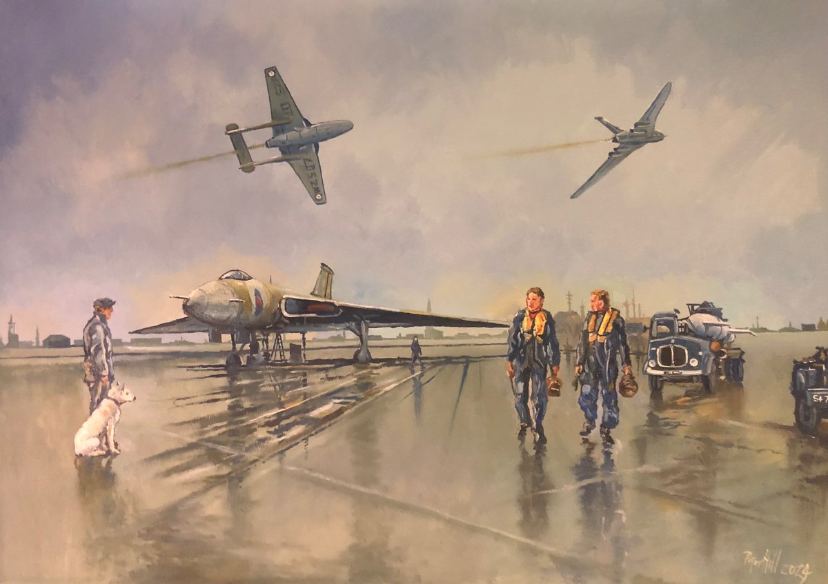 My latest painting. Couldn’t include it in my art display at Nhill air show yesterday as it was still wet. 
RAF Vulcan bombers and a Vampire fighter-trainer at their base in 1957. 
Oil on canvas 50 x 70cm