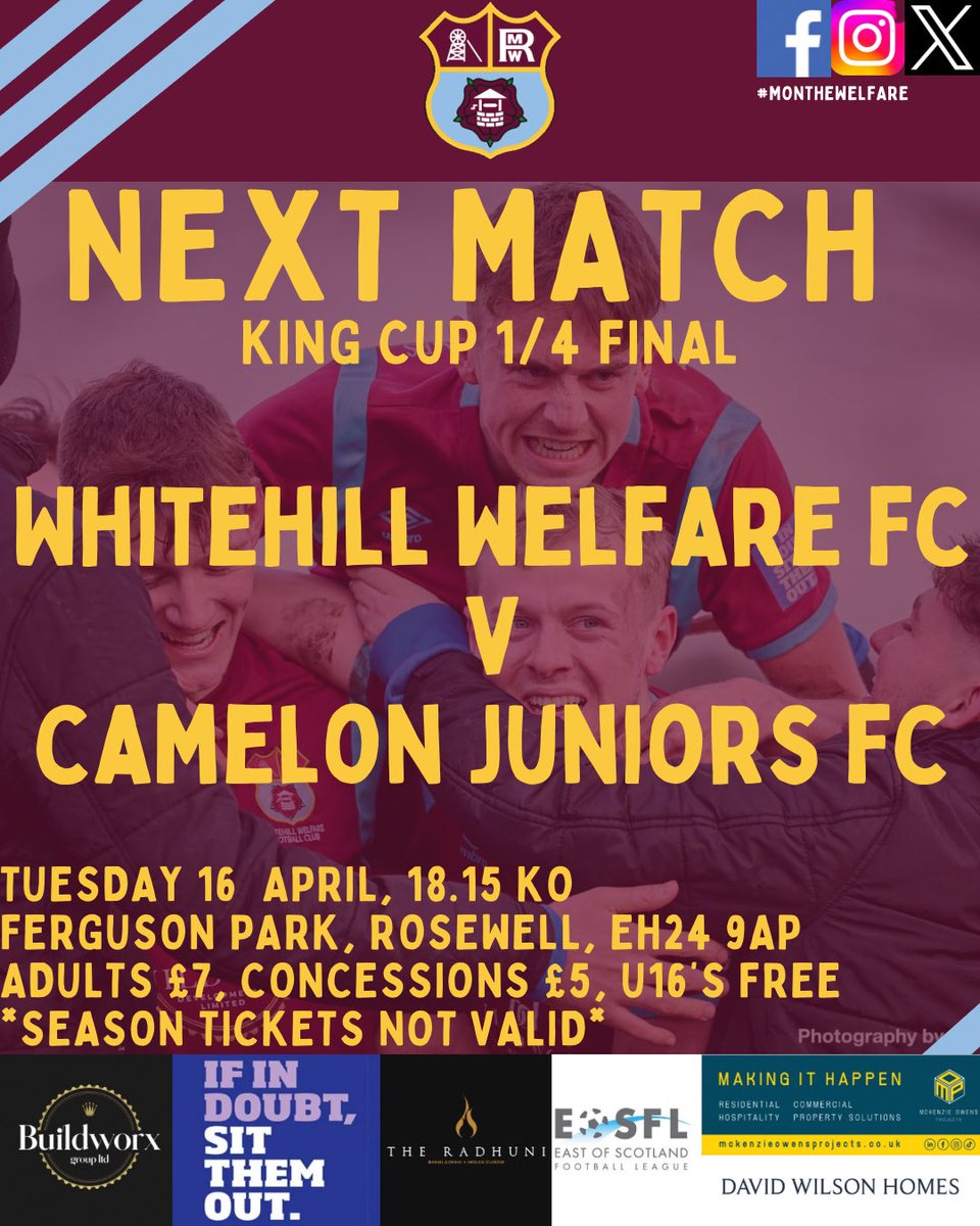 A quick turnaround for the Welfare. After Saturday’s victory at Blackburn we are back in action on Tuesday as we welcome Camelon Juniors to Rosewell in the King Cup 1/4 final

Kick off is 6.15pm. It would be great to get a good support in as we look to progress to the semi final