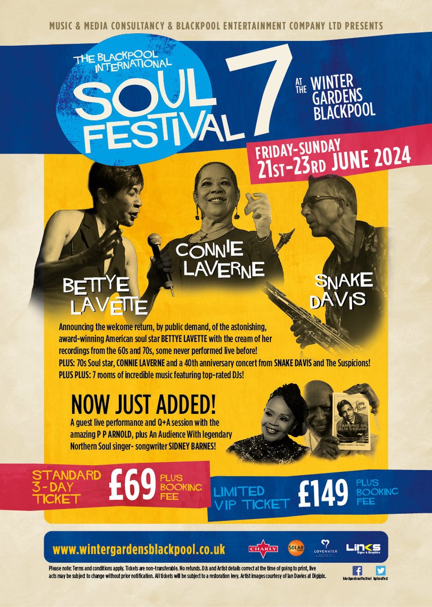 The amazing ⁦@bplsoulfest⁩ ⁦@WGBpl⁩ June 21-23rd 2024! Featuring the fabulous ⁦@BettyeLaVette⁩ ⁦@SnakeDavis⁩ ⁦@LevannaMclean⁩ ⁦@PPArnold1⁩ Connie Laverne & Sidney Barnes + 8 rooms of soul with top DJs! 3-day tickets wintergardensblackpool.co.uk
