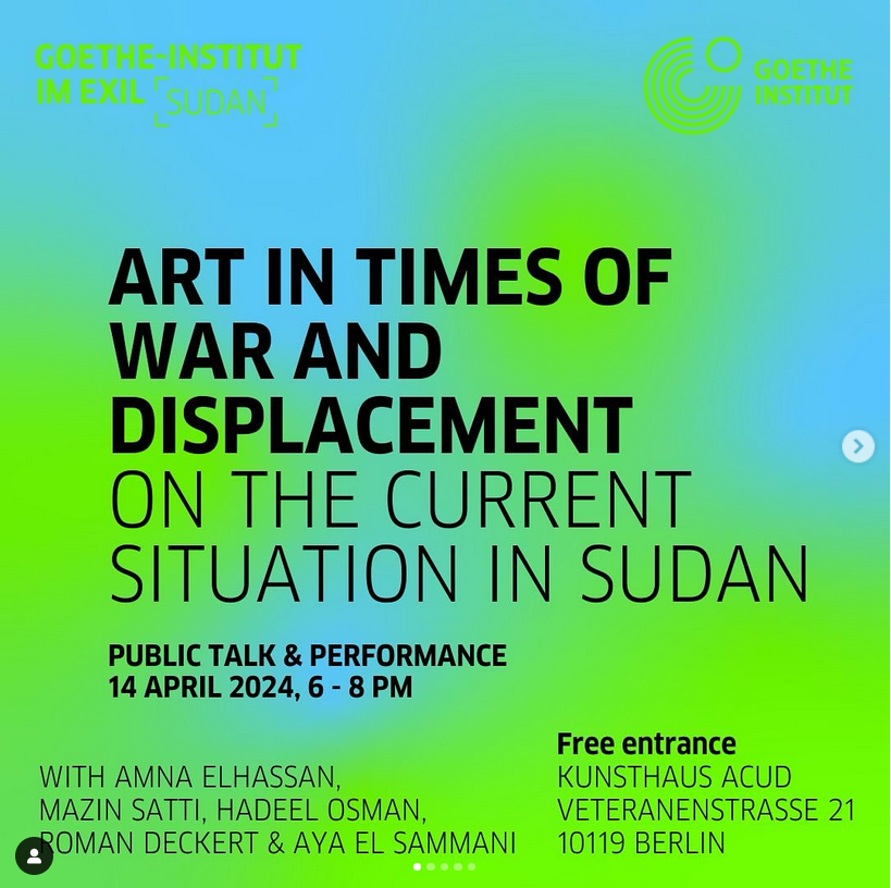 Livestream today our #Sudan-event 'Art in Times of War and Displacement', co-hosted by @mict_intl & @goetheinstitut in Exile at the ACUD in #Berlin, starting at 6pm #Khartoum time & featuring Amna Elhassan, Mazin Satti & Hadeel Osman: teams.microsoft.com/l/meetup-join/…