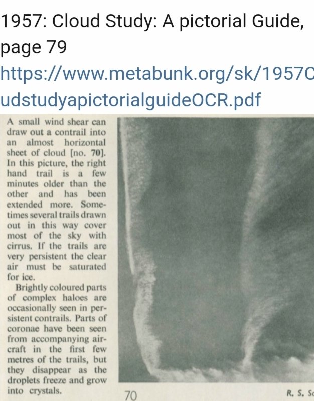 Desacreditando 

"Las estelas de condensación no persisten" 

Los libros sobre nubes que he encontrado en los últimos 70 años (blog 2014, 80 años) dicen que las estelas de condensación pueden persistir durante horas.

metabunk.org/threads/debunk…
