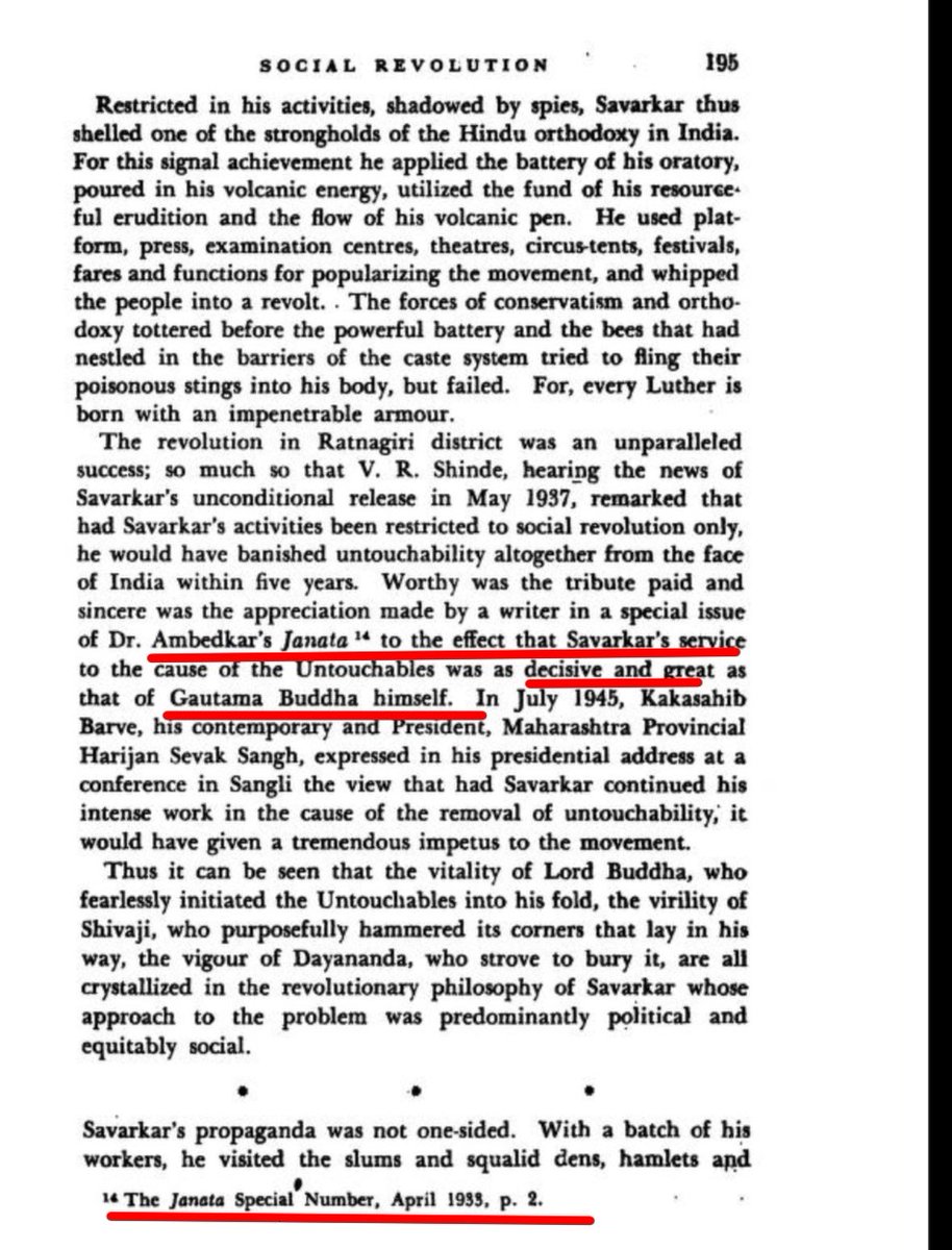 Dr. Ambedkar in his magazine says 'Savarkar's contribution to the cause of the Dalits was as decisive as that of Gautama Buddha himself.' डॉ. आंबेडकर त्यांच्या मासिकात म्हणतात, 'दलितांच्या कार्यासाठी सावरकरांचे योगदान हे स्वतः गौतम बुद्धांइतकेच निर्णायक होते.'