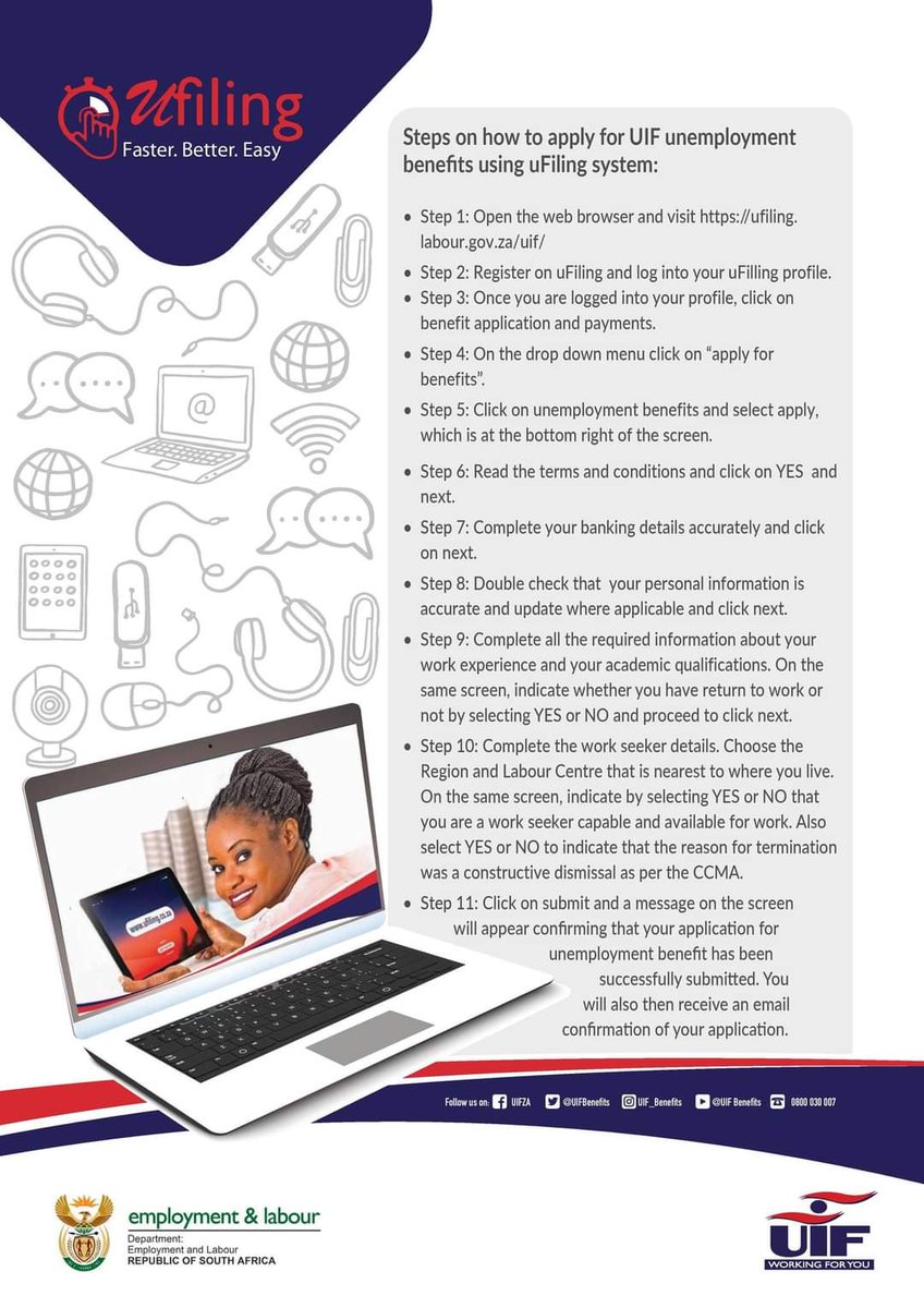 Follow this step by step guide and learn how you apply for the #UIF's Unemployment Benefits online, using uFiling. Visit: ufiling.labour.gov.za/uif/ #UIF #WorkingForYou