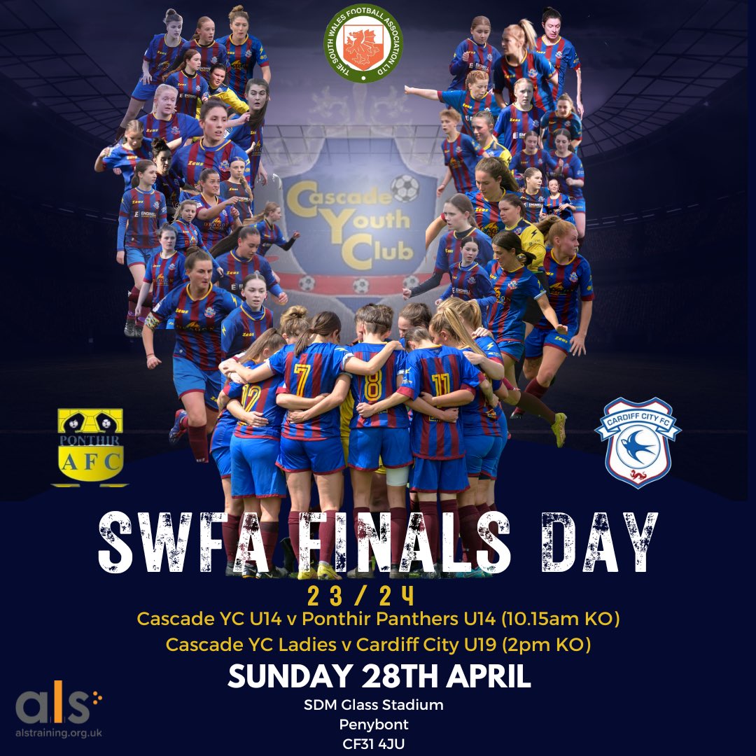 🏆 SWFA FINALS DAY 🏆 Our Ladies & Under 14 Girls have both made it to the @SouthWalesFA Cup Final! 📅: Sunday 28th April 📍 SDM Glass Stadium, Penybont This will be a fantastic day for the club with both teams in action! #UpTheCade 💙❤️