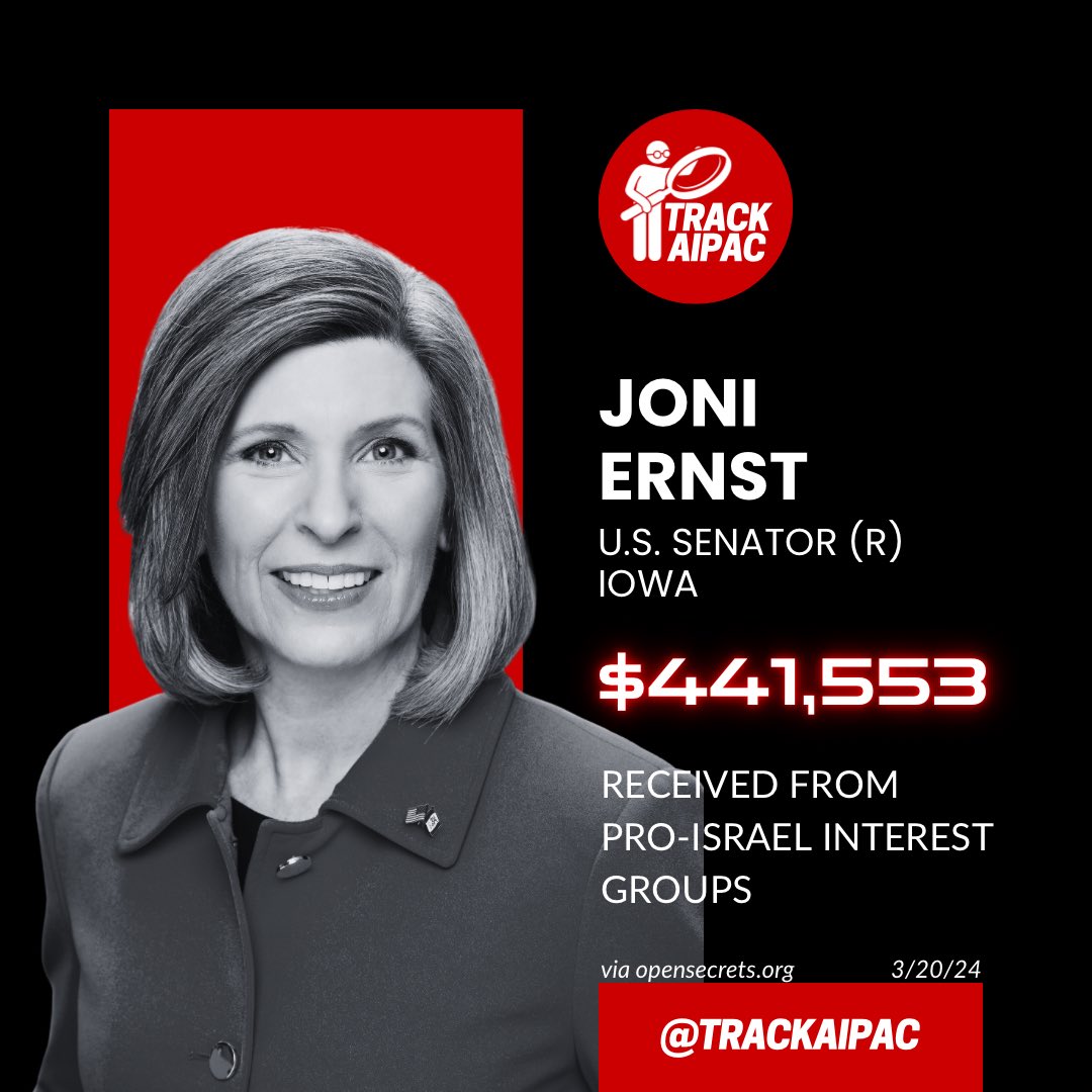 TrackAIPAC's tweet photo. @SenJoniErnst Joni Ernst has sold herself and the people of Iowa out to the Israel lobby. #RejectAIPAC https://t.co/g4e6xESGEl